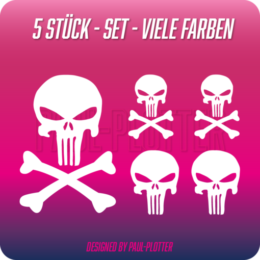 5 Stück Aufkleber Set Punisher Biker Motorrad Auto Skull Fahrrad MTB Hölle Totenkopf Schädel