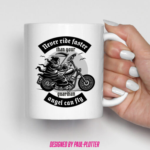 Tasse Fahre nie schneller als Dein Schutzengel fliegen kann Geschenk für Custom Biker Motorradfahrer – Bild 2
