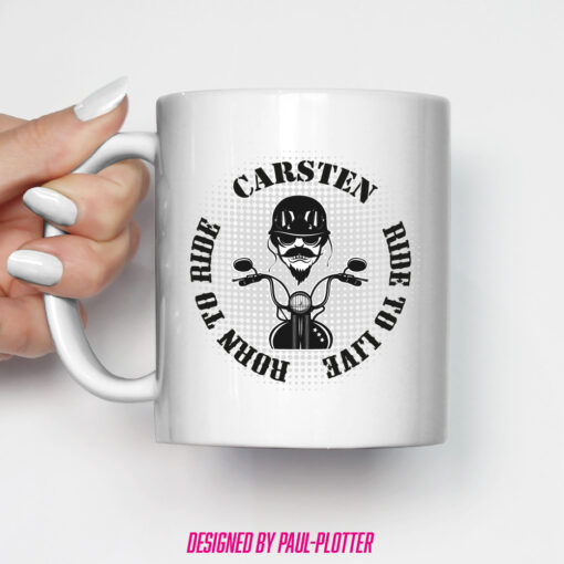 Tasse mit Spruch Born to Ride Ride to Live personalisiert Namen für Motorradfahrer Custom Biker Bobber Shopper Cafe Racer Cruiser Vintage Chopper