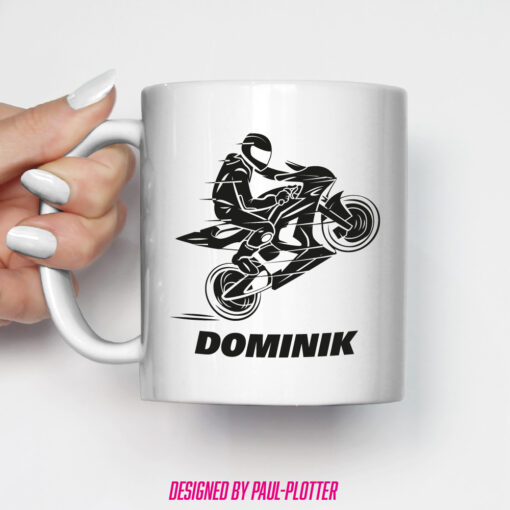 Tasse mit Motorradfahrer Wheelie personalisiert mit Namen Geschenk Biker Moped WSB Superbike Supersport Streetfighter Sporttourer