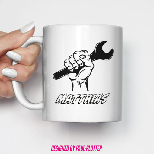 Tasse mit individuellem Namen einzigartige Geschenkidee für KFZ Auto Motorrad Quad Schrauber Mechaniker Werkstatt Schraubenschlüssel