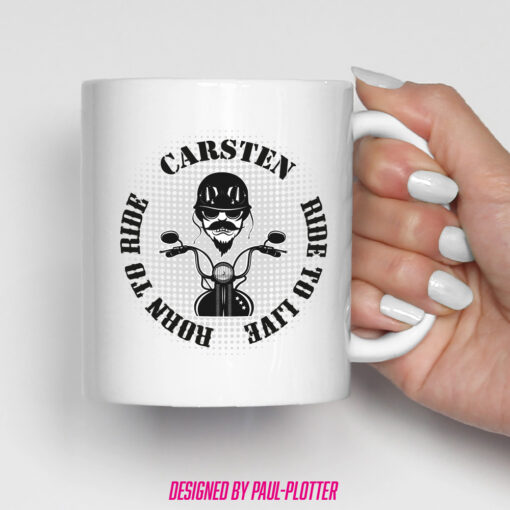 Tasse mit Spruch Born to Ride Ride to Live personalisiert Namen für Motorradfahrer Custom Biker Bobber Shopper Cafe Racer Cruiser Vintage Chopper – Bild 2