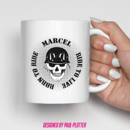 Tasse mit Spruch Born to Ride Ride to Live Wunschnamen Skull Totenkopf Schädel Motorradfahrer Custom Biker Cafe Racer Cruiser Vintage Chopper – Bild 2