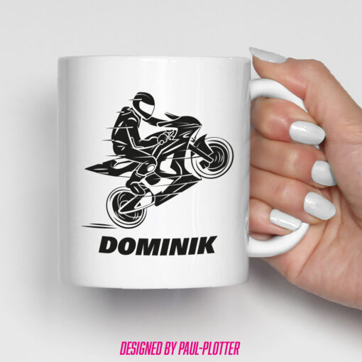 Tasse mit Motorradfahrer Wheelie personalisiert mit Namen Geschenk Biker Moped WSB Superbike Supersport Streetfighter Sporttourer – Bild 2